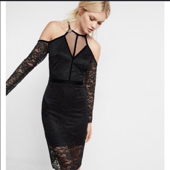 EXPRESS Lace Velvet Piped Cold Shoulder Sheath Dress BLACK Size 0 - Picture 4 of 10